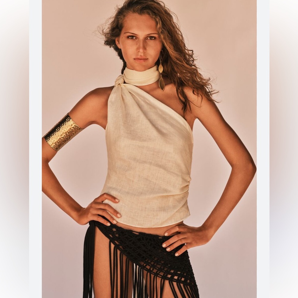 Zara 100% linen FRINGED LINEN TOP Beige ZARA United